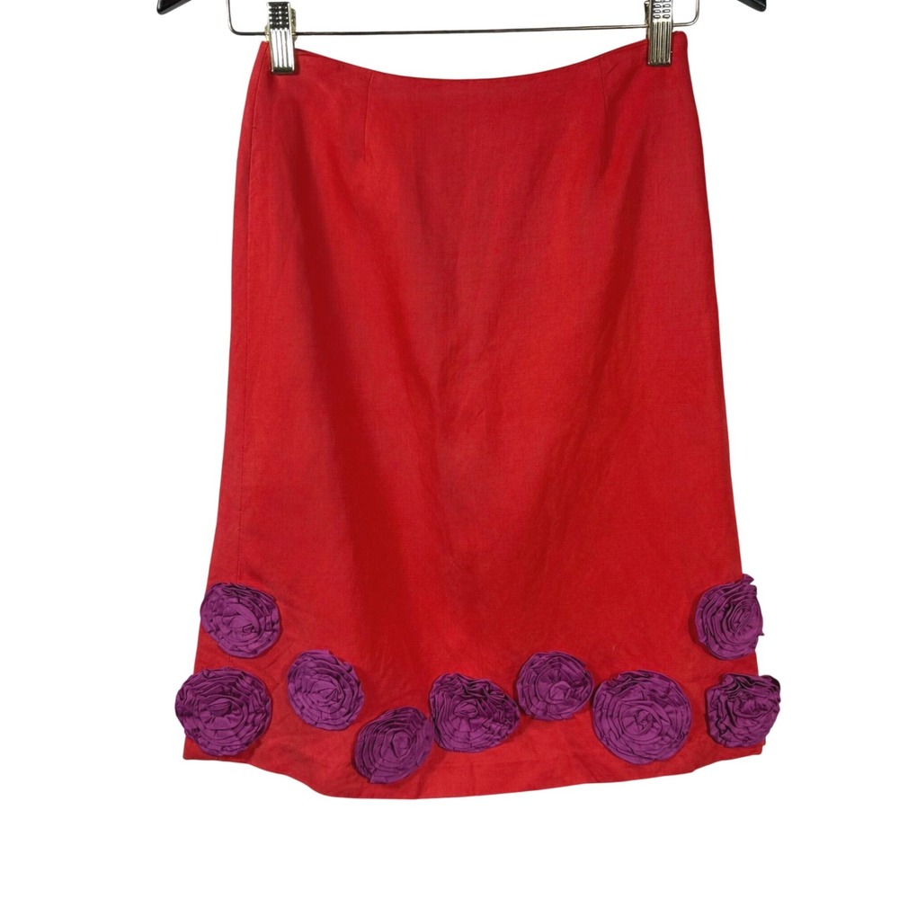 Boden Orange A-Line Skirt Size 8R Floral Rosette Hem Knee Length Statement Piece